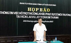 Quang cảnh buổi họp báo thông tin việc hổ trợ thi công, khắc phục sự cố môi trường tại KCN Lai Vu – huyện Kim Thành. 