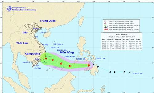 Bão Sanba tiếp tục mạnh lên, dự báo chiều tối 14/2 bão sẽ đi vào vùng biển Đông Nam Biển Đông
