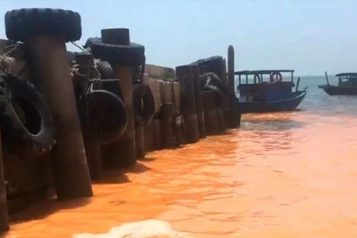 Quảng Bình: Xác sinh vật phân hủy gây vệt nước màu vàng hồng tại bờ biển