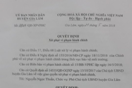 Gia Lâm (Hà Nội): Xử phạt 15 triệu đồng đối với Công ty TNHH PVC Thuận Phát hoạt động gây ô nhiễm môi trường
