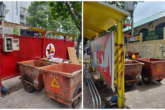 Xe rác “bao vây”  trạm chờ xe buýt và trường học