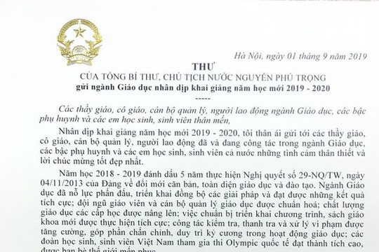 Thư của Tổng Bí thư, Chủ tịch nước Nguyễn Phú Trọng gửi ngành Giáo dục