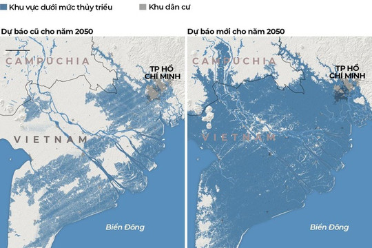 Năm 2050, gần như cả miền nam Việt Nam ngập dưới nước ở đỉnh triều
