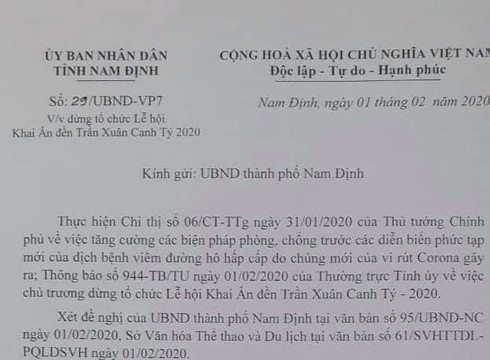 Nam Định: Dừng Lễ hội Khai ấn Đền Trần 2020 để phòng tránh dịch virus corona