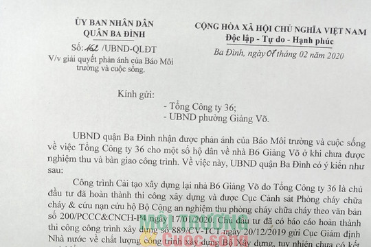 Hà Nội (Bài 3): UBND quận Ba Đình khẳng định Tổng Công ty 36 cho dân vào ở tại Dự án B6 Giảng Võ là chưa đúng quy định
