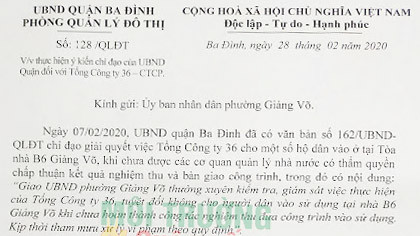 Hà Nội – Bài 6: Phường Giảng Võ “chống lệnh” của UBND quận Ba Đình trong việc xử lý sai phạm tại Dự án nhà B6 Giảng Võ?
