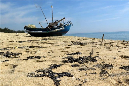 Quảng Ngãi: Lượng lớn chất thải màu đen bất ngờ tràn vào bờ biển
