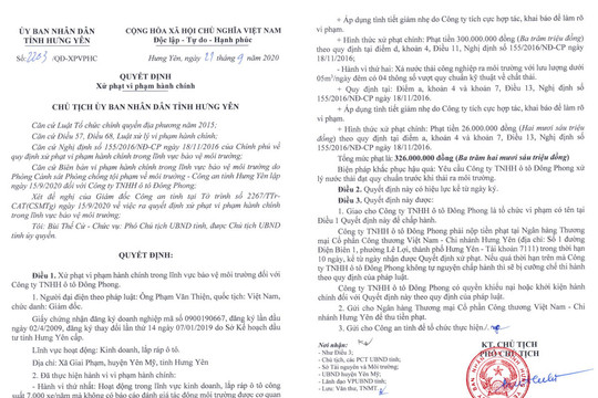 Hưng Yên: Công ty TNHH ô tô Đông Phong bị xử phạt 326 triệu đồng vì vi phạm Luật bảo vệ môi trường