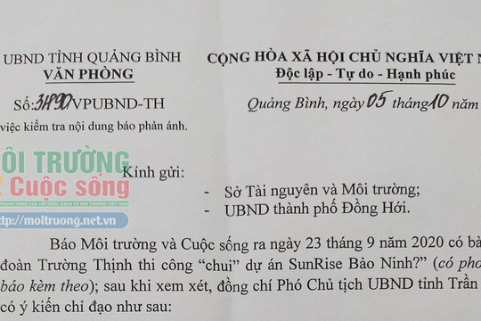 Quảng Bình – Bài 2: UBND tỉnh chỉ đạo kiểm tra và phản hồi thông tin báo chí phản ánh tại Dự án SunRise Bảo Ninh