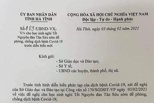 Hà Tĩnh, Nghệ An: Quyết định cho học sinh nghỉ Tết sớm phòng chống dịch Covid-19