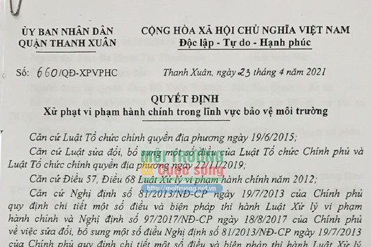 Thanh Xuân (Hà Nội) – Bài 4: Xử phạt Công ty CP Tập đoàn Bất động sản CRV (thuộc Hoàng Huy Group) vì vi phạm hành chính trong lĩnh vực bảo vệ môi trường