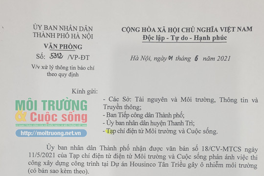 Bài 9: UBND TP. Hà Nội chỉ đạo Sở Tài nguyên và Môi trường, huyện Thanh Trì vào cuộc kiểm tra, xử lý sai phạm tại dự án Housinco Tân Triều sau khi báo chí phản ánh