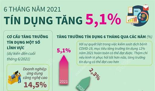 [Infographics] 6 tháng năm 2021: Tín dụng tăng 5,1%