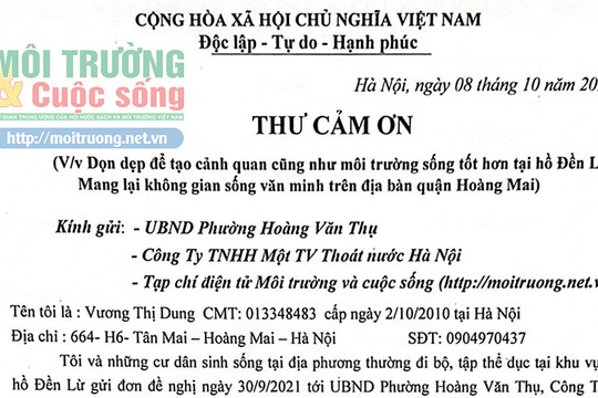 Người dân quận Hoàng Mai, Hà Nội gửi Thư cảm ơn đến Tạp chí điện tử Môi trường và Cuộc sống