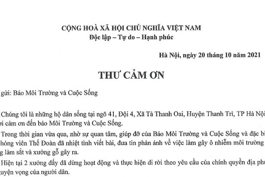 Người dân huyện Thanh Trì, Hà Nội gửi thư cảm ơn Tạp chí điện tử Môi trường và Cuộc sống