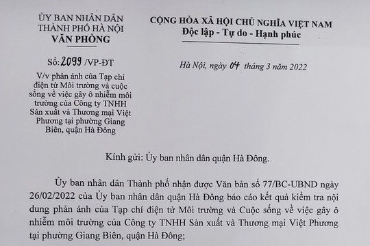 Bài 4: UBND Thành phố Hà Nội chỉ đạo UBND quận Hà Đông xử lý vi phạm đối với công ty Việt Phương