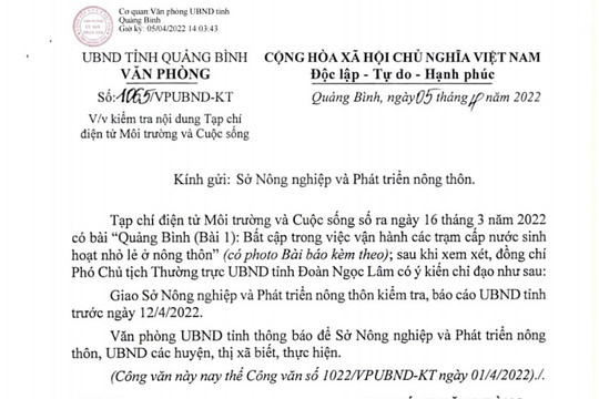 UBND tỉnh Quảng Bình chỉ đạo kiểm tra nội dung Tạp chí điện tử Môi trường và Cuộc sống phản ánh
