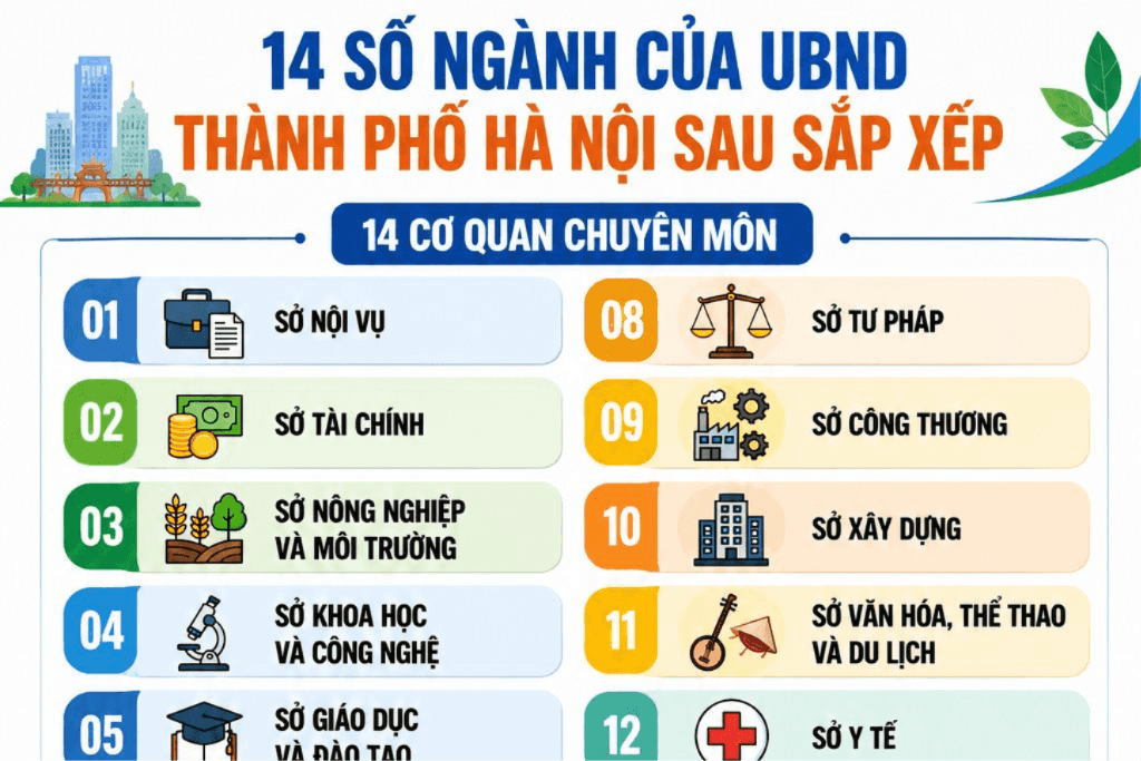 [Infographic] 14 sở, ngành thuộc UBND Thành phố Hà Nội sau sắp xếp 