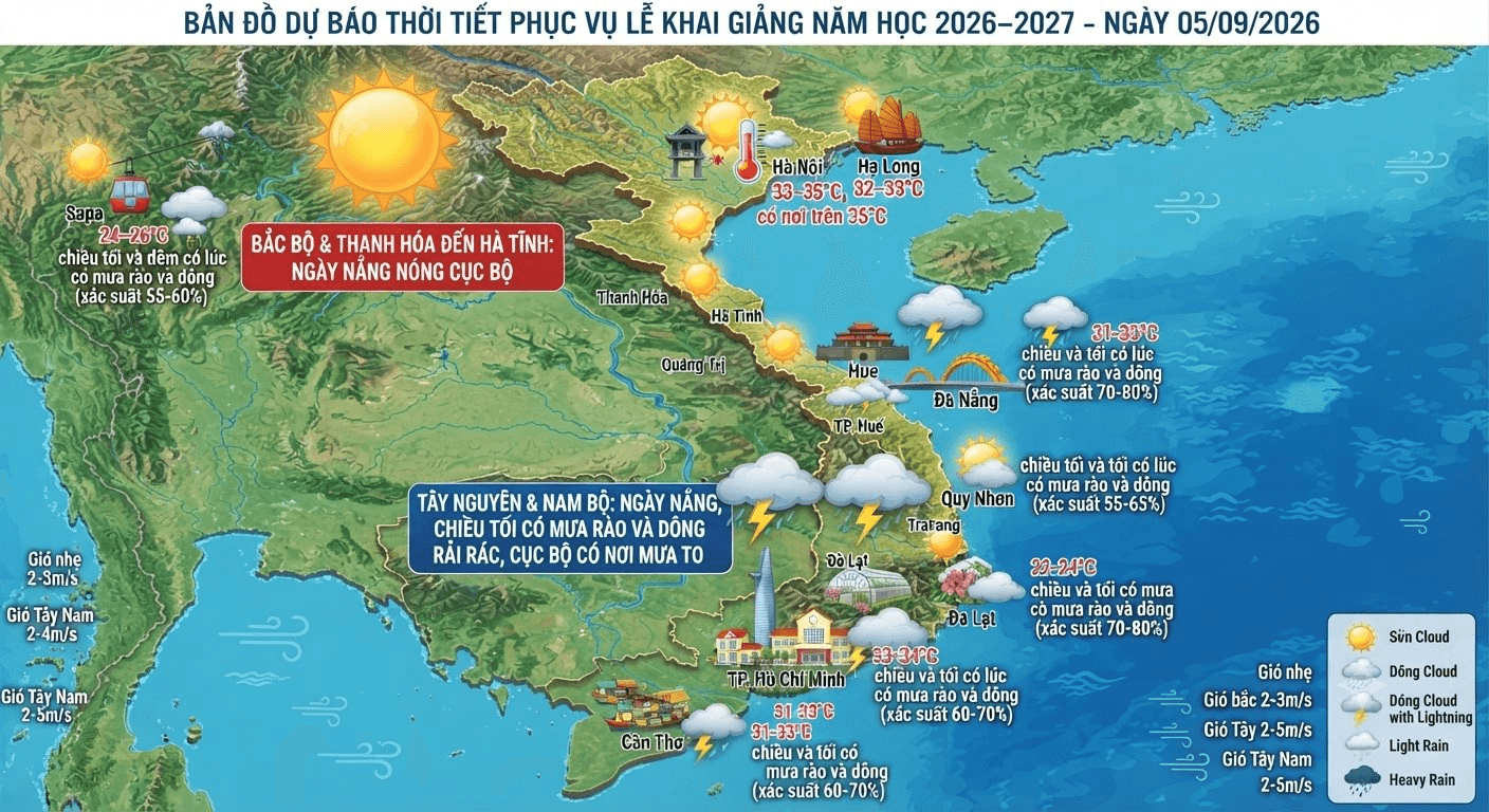 Dự báo thời tiết Hà Nội ngày 05/9/2026: Ngày có nắng, chiều tối và đêm có mưa rào 