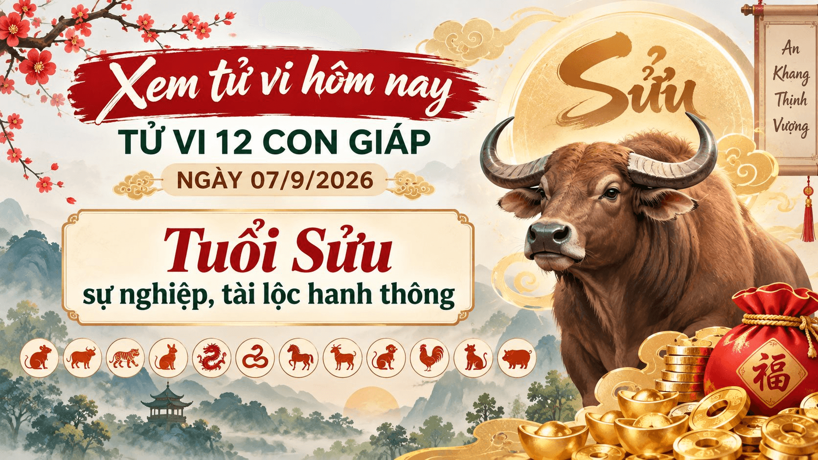 Xem tử vi hôm nay, tử vi 12 con giáp ngày 07/9/2026: Tuổi Sửu sự nghiệp, tài lộc hanh thông 