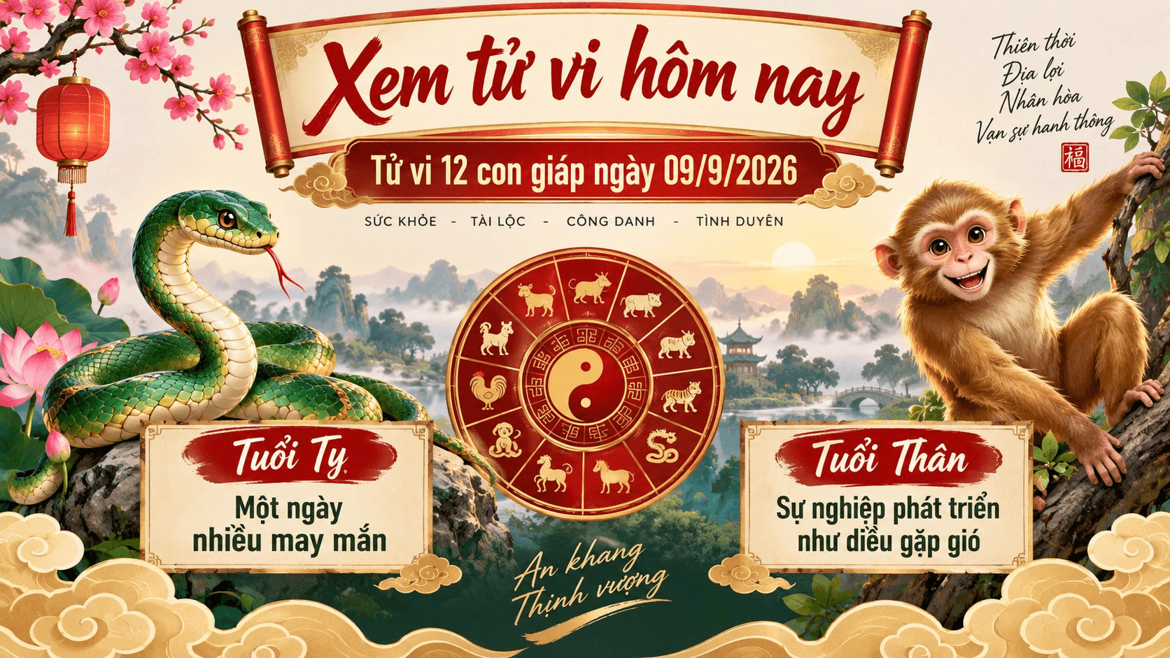 Xem tử vi hôm nay, tử vi 12 con giáp ngày 09/9/2026: Tuổi Tỵ một ngày nhiều may mắn, Tuổi Thân sự nghiệp phát triển như diều gặp gió 