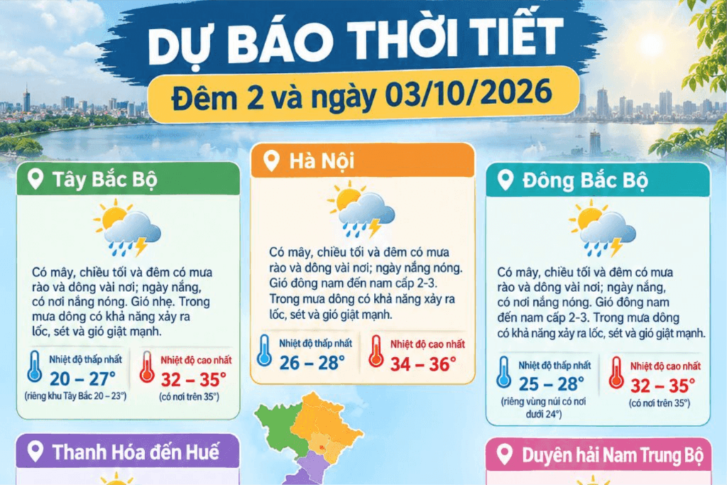 Dự báo thời tiết Hà Nội ngày 03/10/2026: Ngày nắng nóng, chiều tối và đêm có mưa 