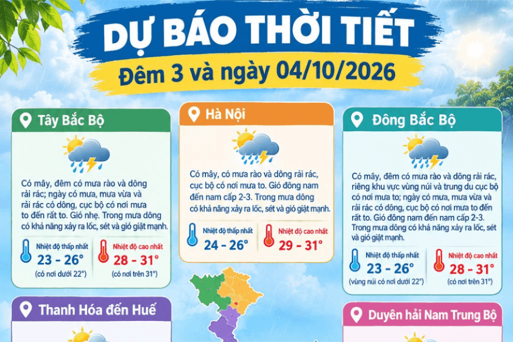 Dự báo thời tiết Hà Nội ngày 04/10/2026: Có mây, có mưa rào và dông rải rác 