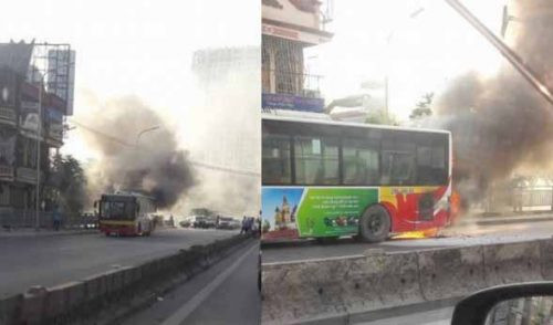 Xe buýt bất ngờ bốc cháy khi đang lưu thông trên phố Hà Nội