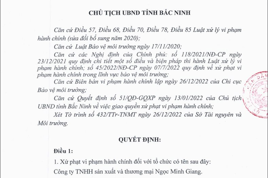 Bắc Ninh:  Công ty TNHH sản xuất và thương mại Ngọc Minh Giang bị xử phạt 320 triệu đồng