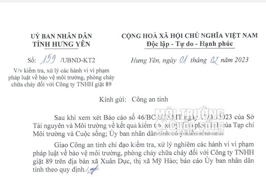 UBND tỉnh Hưng Yên chỉ đạo Công an vào cuộc kiểm tra, xử lý vi phạm đối với Công ty TNHH giặt 89 sau khi Tạp chí Môi trường và Cuộc sống thông tin