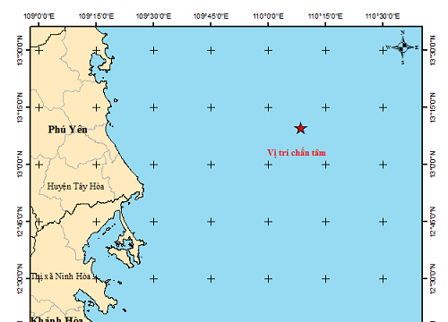 Phú Yên: Động đất cách biển Tuy Hòa khoảng 82km