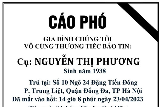 Tin buồn: Cụ bà Nguyễn Thị Phương từ trần