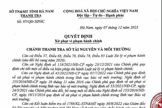 Hà Nam: Công ty TNHH Fabi Secret Việt Nam bị xử phạt 110 triệu đồng vì vi phạm Luật bảo vệ môi trường