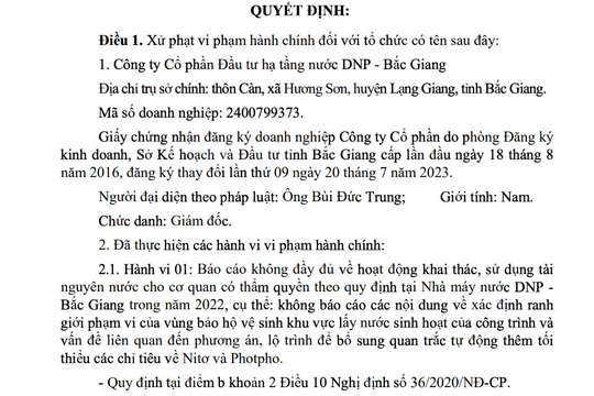 Bắc Giang: Xử phạt CTCP Đầu tư hạ tầng nước DNP - Bắc Giang 30 triệu đồng 
