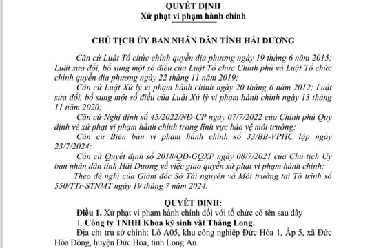 Hải Dương: Công ty Khoa kỹ sinh vật Thăng Long bị xử phạt 140 triệu đồng do vi phạm về môi trường