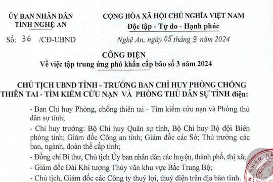 UBND tỉnh Nghệ An ra công điện ứng phó ở mức cao nhất với siêu bão YAGI