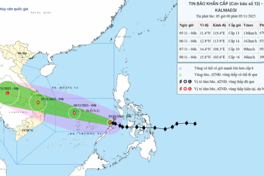 Bão Kalmaegi đã vào biển Đông thành cơn bão số 13, có thể đạt cấp 14, giật cấp 17