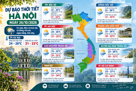 Dự báo thời tiết Hà Nội ngày 26/10/2026: Ngày nắng, đ êm có mưa rào và dông vài nơi